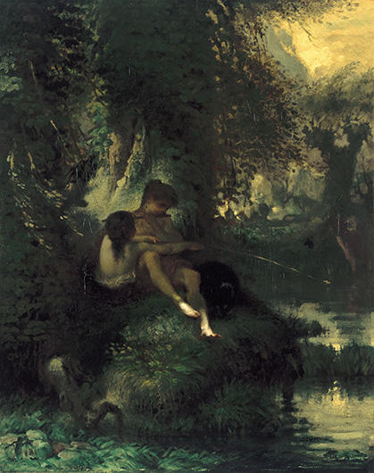 Two young children sit fishing by a riverbank.