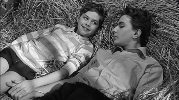 Two boys lying side-by-side on a bed of hay while holding hands from Les amitiés particulières